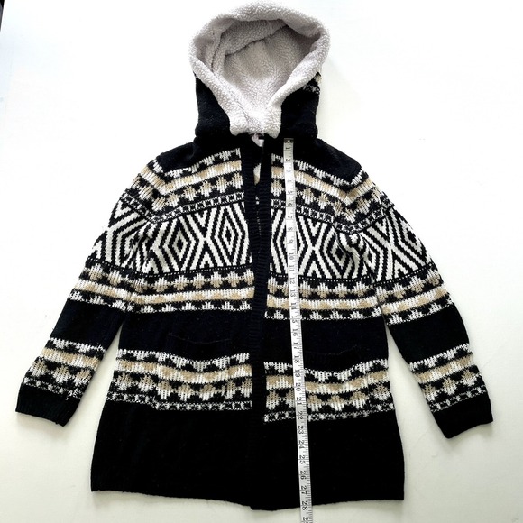No Boundaries Girls Sweater Large Sherpa Hood Cardigan Black Fair Isle Knit - Picture 10 of 15
